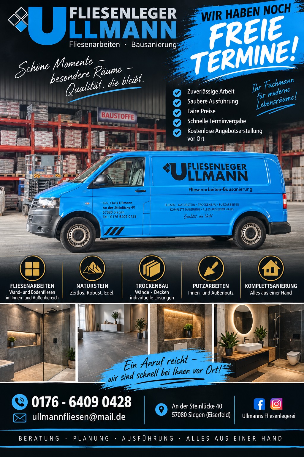 Blauer Ullmann Fliesenleger Firmenbus